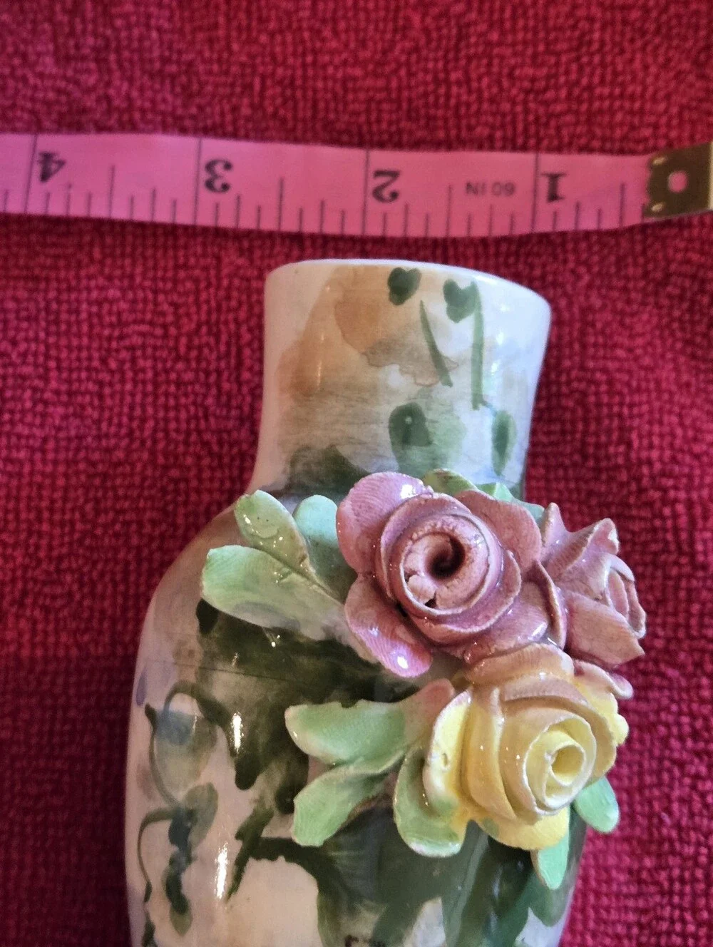 VTG ITALIAN HAND PAINTED PORCELAIN Rose BUD VASES x 2 MANTEL OR DRESSING TABLE
